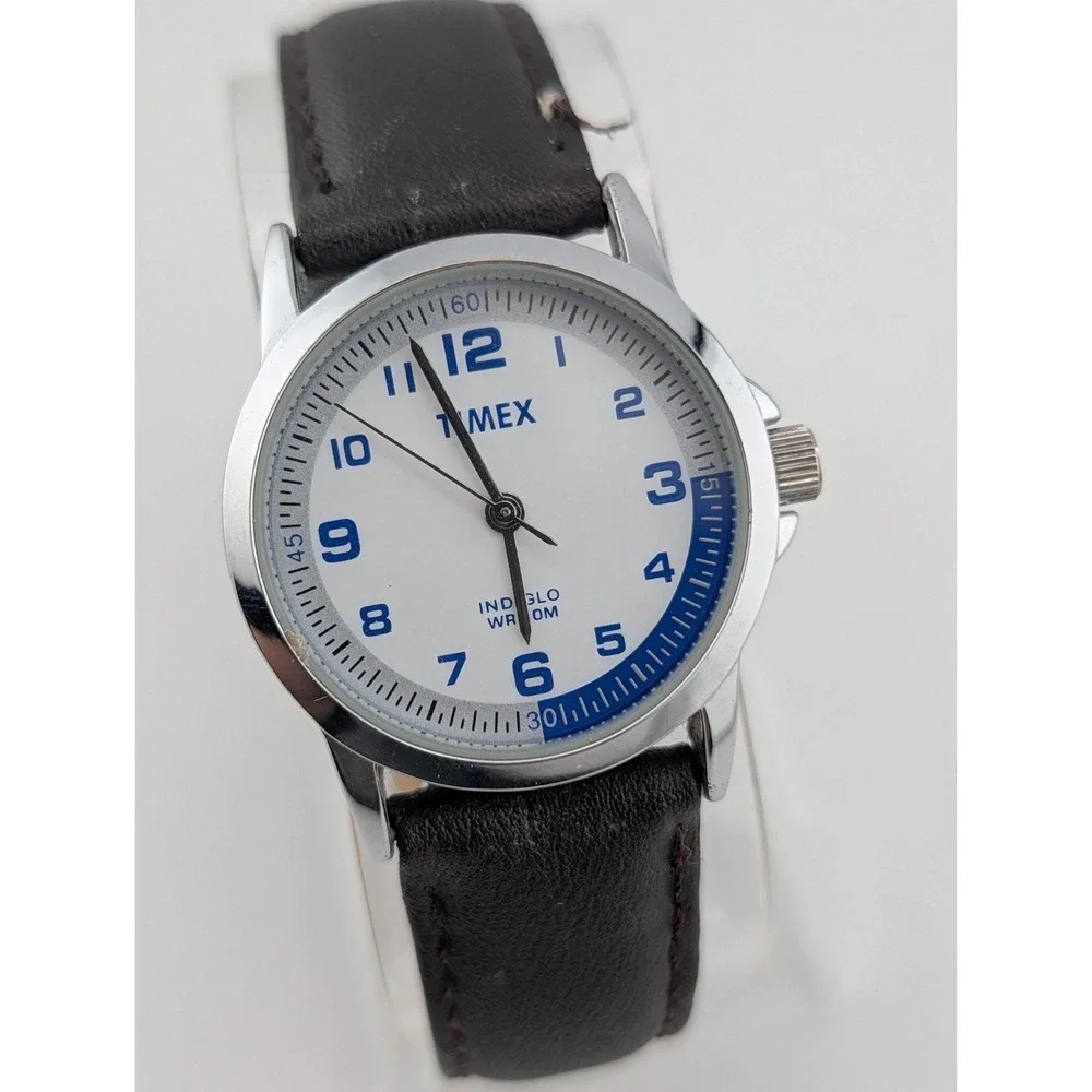 Timex Indiglo Women's Watch 30mm Silver Case Brown Leather Band- New Battery